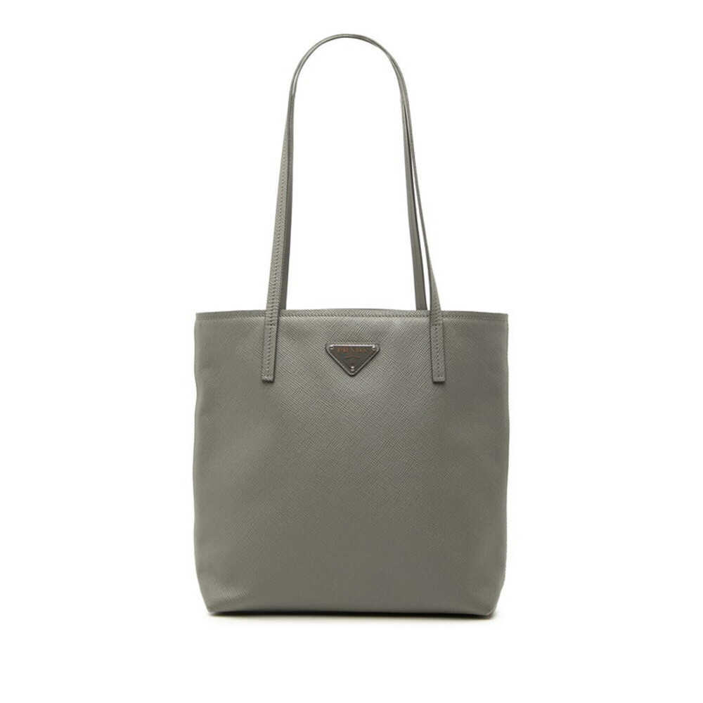 Prada Triangle Logo Plate Tote Bag Shoulder Gray Saffiano Leather Women's PRADA